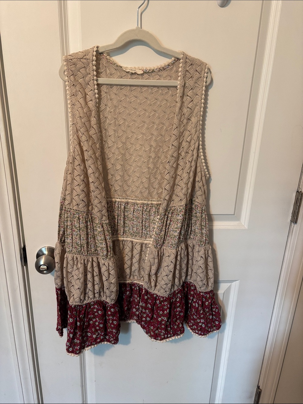 easel Beige and Maroon Boho Crochet Vest